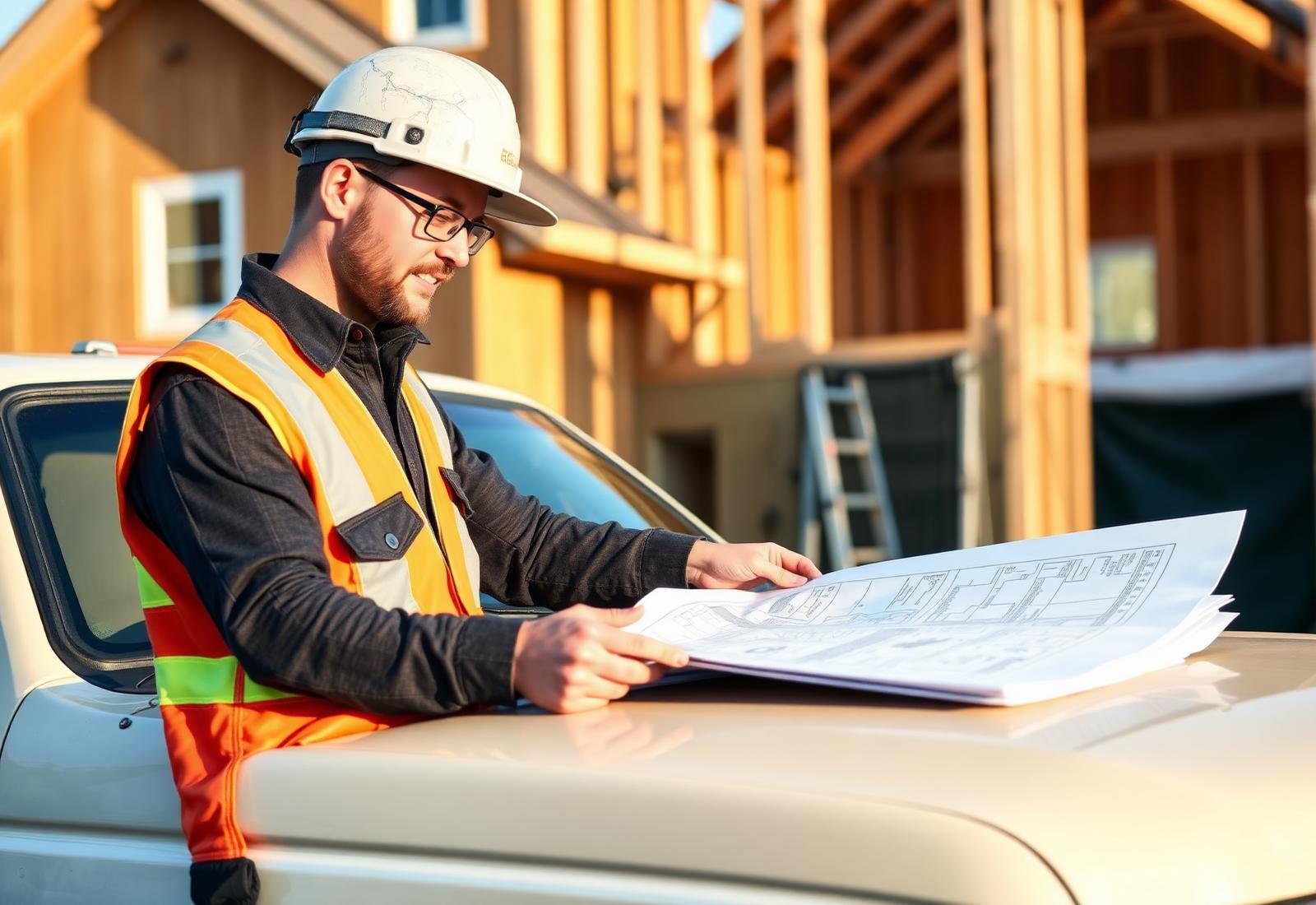 Home builder reviewing site plans at a construction site